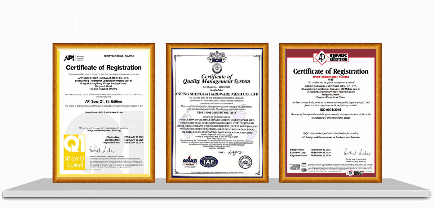 The certification of API, ISO 9001 and APIQR.