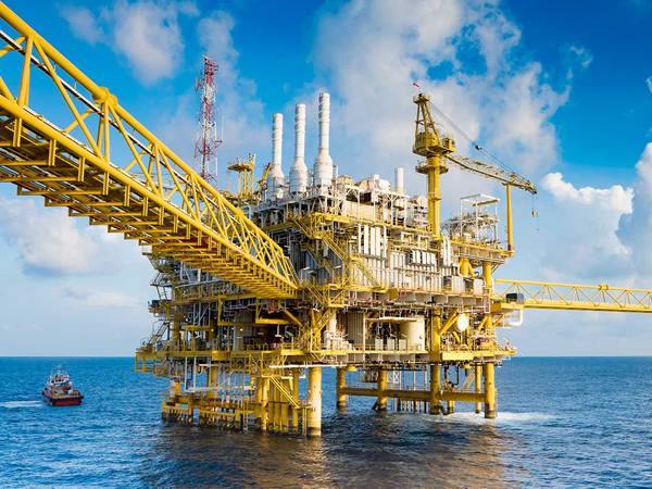 Oil drilling platform built on the sea.