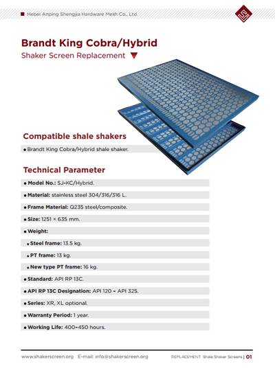 The catalog of Brandt King Cobra/Hybrid shaker screen replacement.